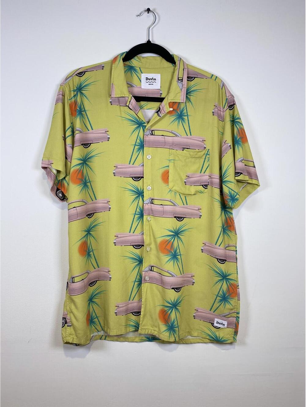 Duvin Medium Yellow Button-Up Shirt with Pink Car and Palm Tree Print